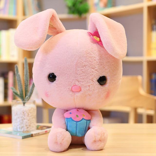 Kawaii Bunny Plushie in Pink Holding a Cupcake