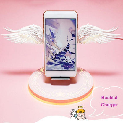 Kawaii LED Wireless Charger With Angel Wings and Phone Docked