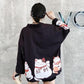 Back View of Model Wearing a Black Maneki Neko Kimono