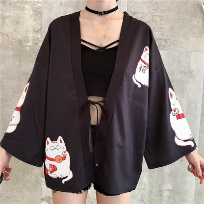 Front View of Model Wearing Black Maneki Neko Kimono