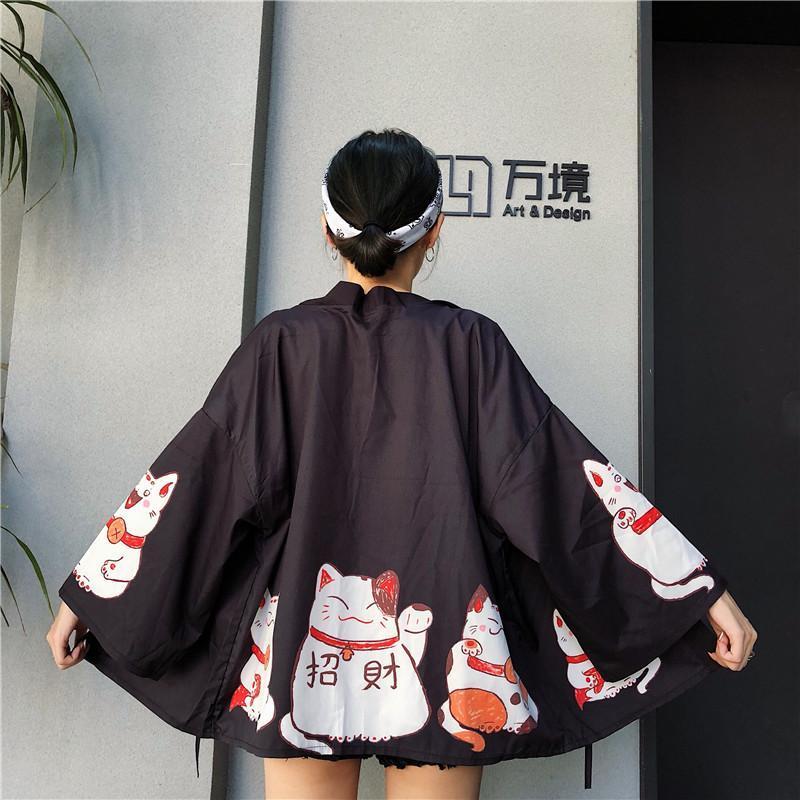 Model Wearing Black Maneki Neko Kimono