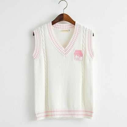 Kawaii White Knit Vest With Pink Strawberry Milk Embroidery