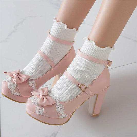 Pink Sweet Lolita High Heel Shoes With Lace