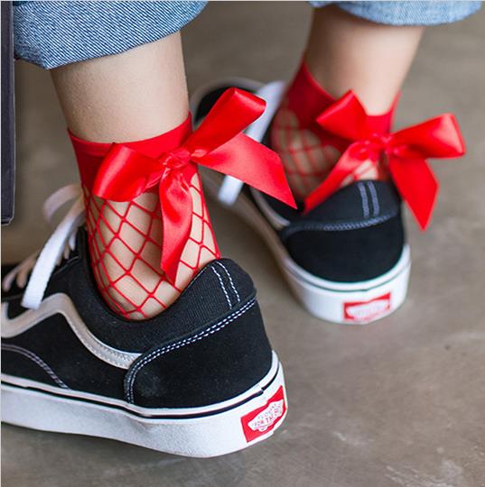 Kawaii Red Fishnet Ankle Socks With Bow in the Back
