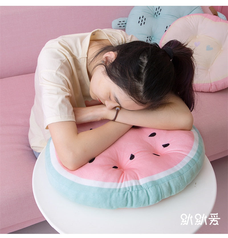 Girl Using Kawaii Watermelon Cushion as a Pillow