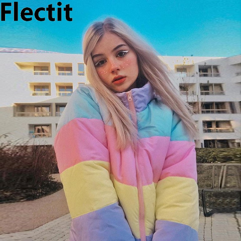 Model Wearing Pastel Rainbow Puffer Jacket Hoodie