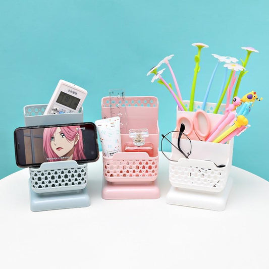 Desktop Storage Container Holding a Phone and Pens