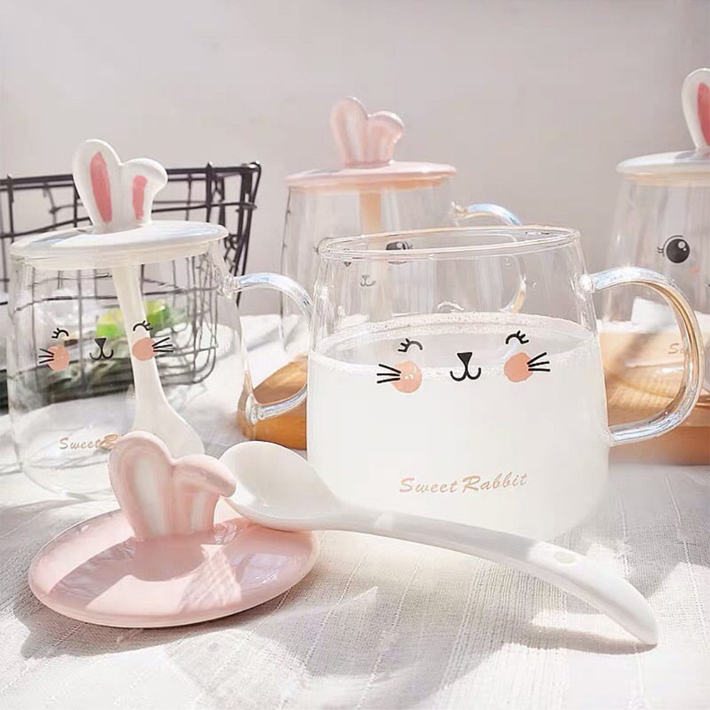 Kawaii Bunny Glass Mugs With Lid