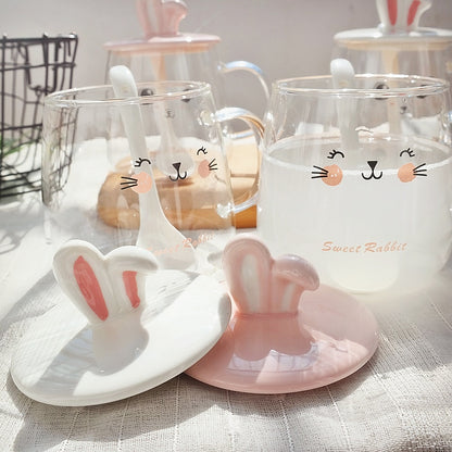 Kawaii Bunny Glass Mugs with Lid