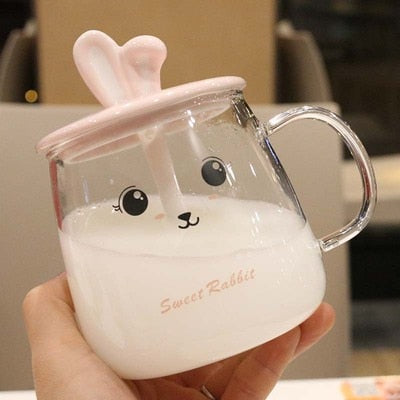 Kawaii Bunny Glass Mug With Lid