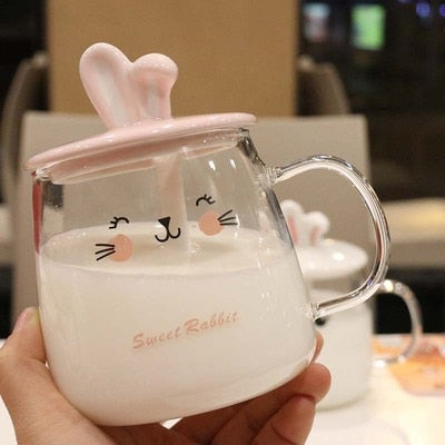 Kawaii Bunny Glass Mug With Lid