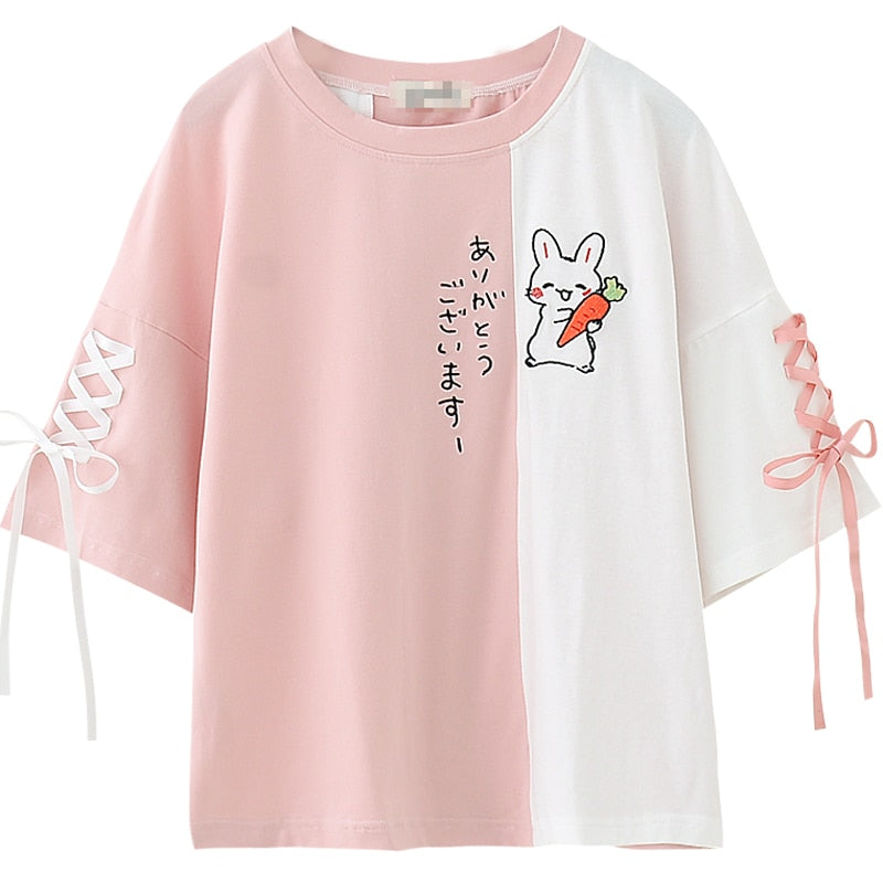 Kawaii Happy Bunny Lace up Sleeves Shirt