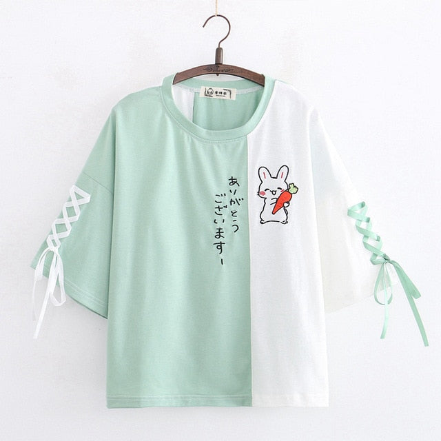 Kawaii Green and White Shirt With Lace Up Sleeves and a Cute Bunny Graphic