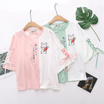 Kawaii Pink and Green Happy Bunny Lace up Sleeves Shirts
