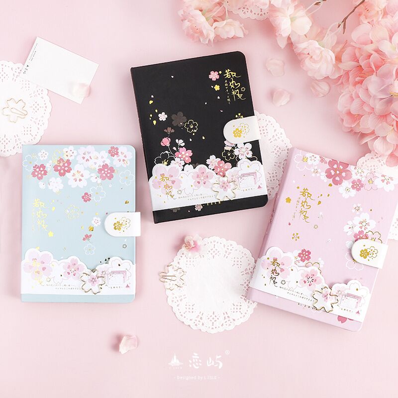 Kawaii PInk, Black, and Blue Sakura Cherry Blossom Diary
