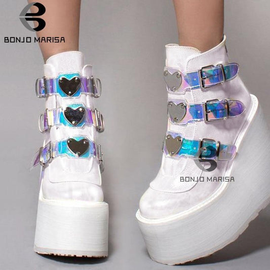 Kawaii White Platform Heart Ankle Boots