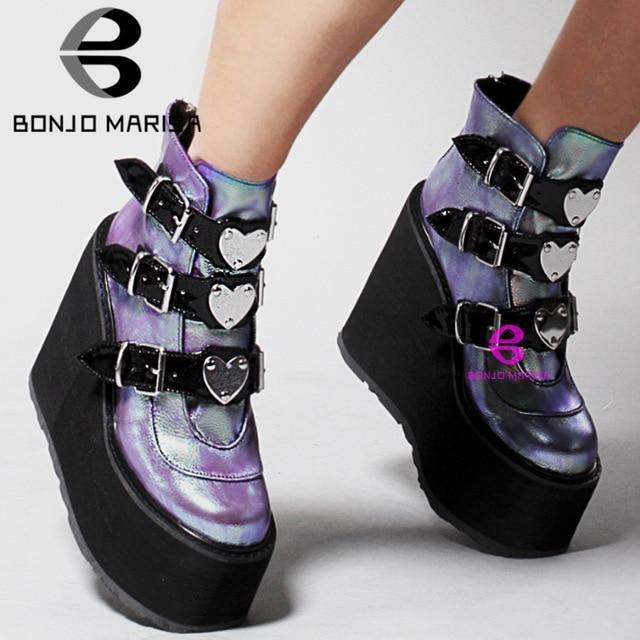 Kawaii Black and Purple Platform Heart Ankle Boots