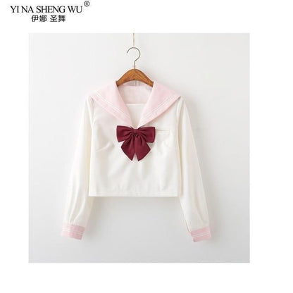 Kawaii Pink and White Japanese School Uniform Shirt With Red Bow