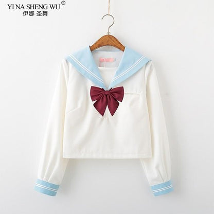 Kawaii Pastel Blue Japanese Long Sleeved Uniform Shirt With Red Bow