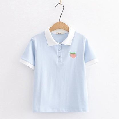 Kawaii Blue Peach Embroidery Shirt