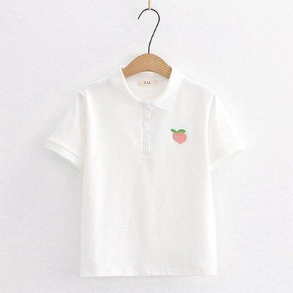 Kawaii White Peach Embroidery Shirt With Collar