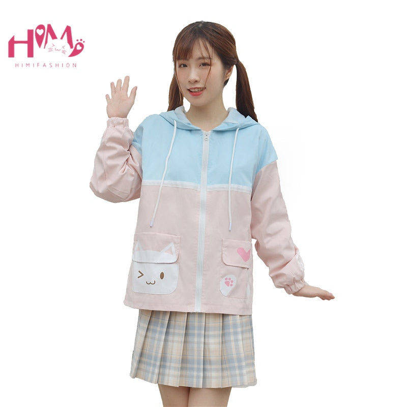 Front View of Model Wearing Pink and Blue Pastel Neko Hoodie