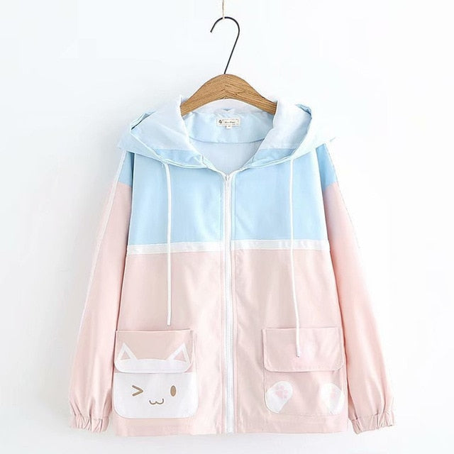 Kawaii Pink and Pastel Neko Hoodie With Cat and Cat Paws on the Pockets