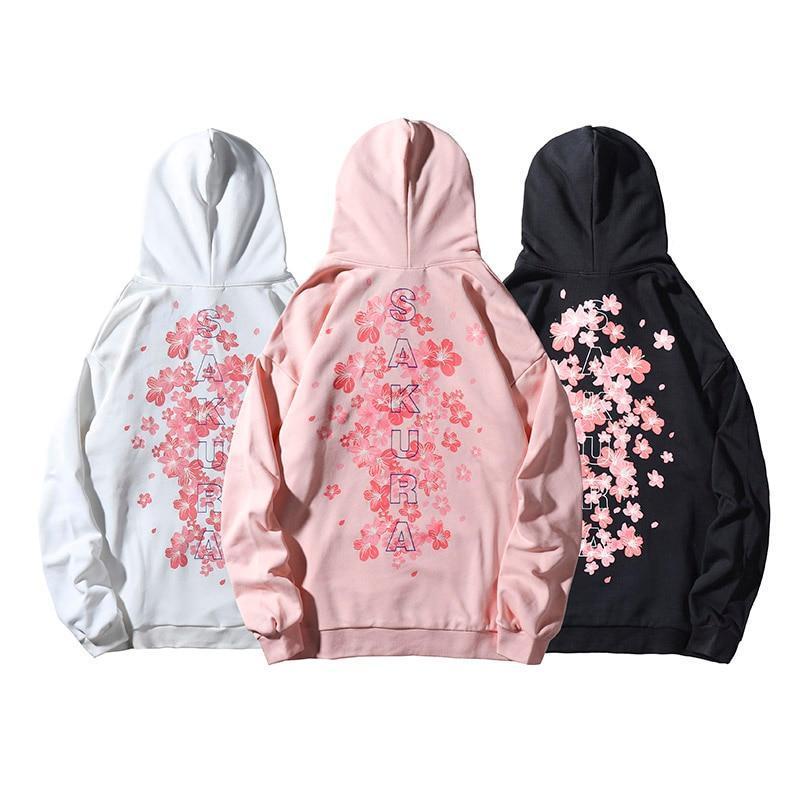 Kawaii Cherry Blossom Hoodies in White, Pink, and Black
