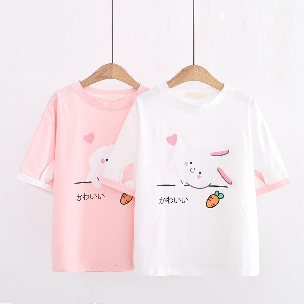 Kawaii Pink and White Bunny Short Sleeve Shirts
