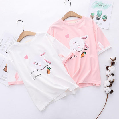 Kawaii White and Pink Bunny Short Sleeve Shirts