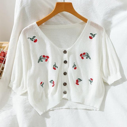 Kawaii White Floral Knitted Crop Cardigan