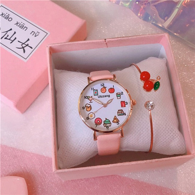 Kawaii Pink Watch With Cherry Bracelet in Gift Box