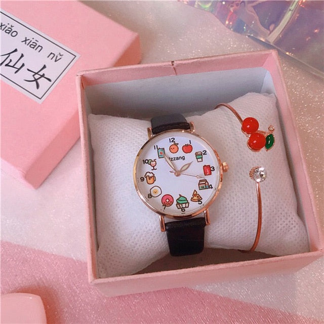 Kawaii Black Watch With Cherry Bracelet in Gift Box