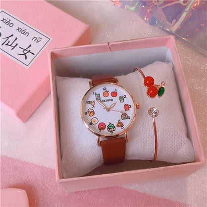 Kawaii Brown Watch With Cherry Bracelet in Gift Box