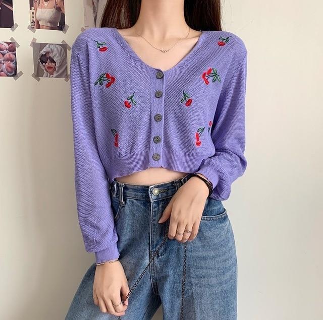 Model Wearing Kawaii Purple Floral Knitted Crop Cardigan