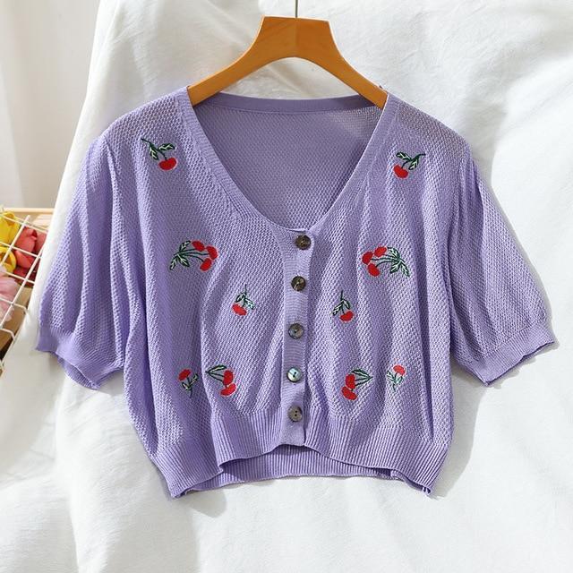 Kawaii Purple Floral Knitted Crop Cardigan