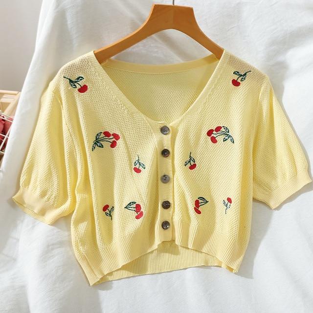 Kawaii Yellow Floral Knitted Crop Cardigan