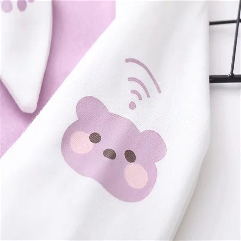 Kawaii Purple Patchwork Paw Hoodie Bear on Sleeve
