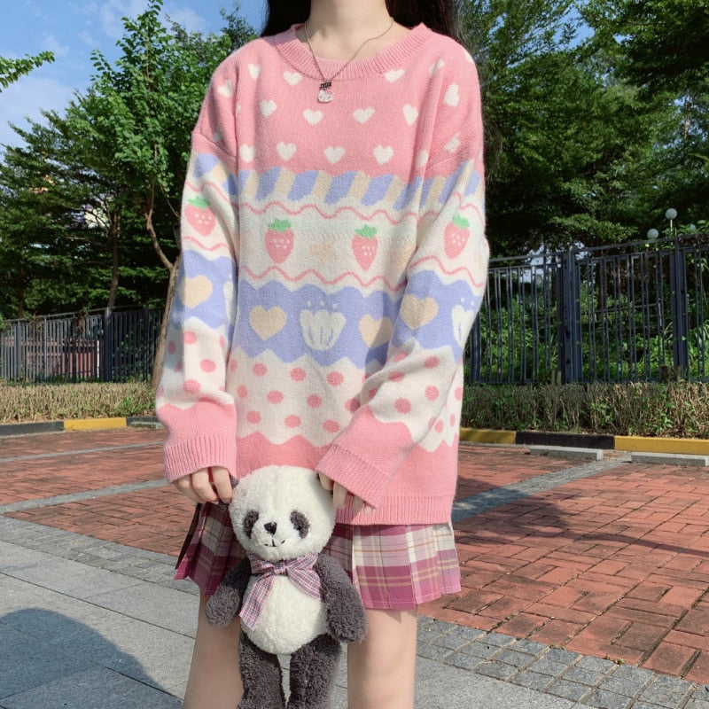 Kawaii Strawberry Pastel Knit Sweater