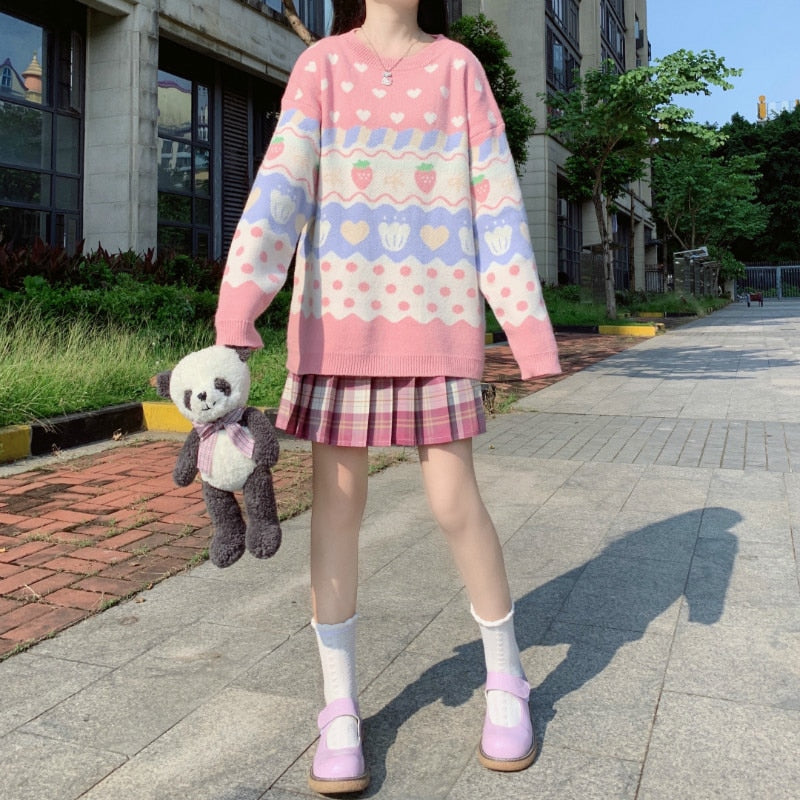 Cute Pastel Strawberry Knit Sweater