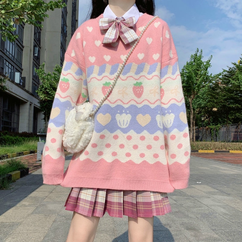 Kawaii Pink and Blue Kawaii Strawberry Pastel Knit Sweater