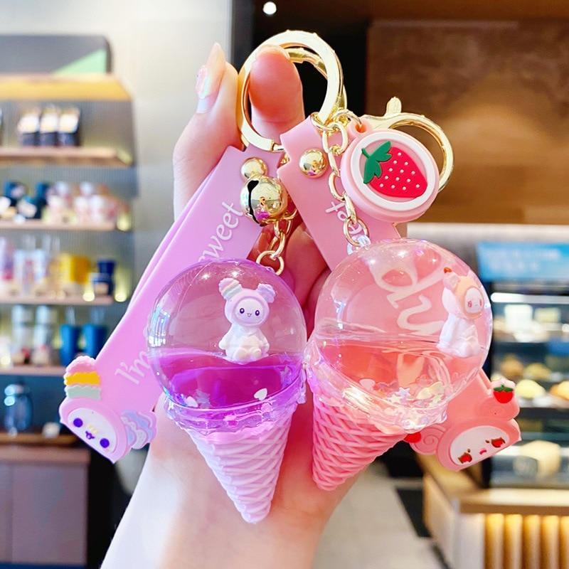 Kawaii Pink and Peach Crystal Ice Cream Keychain