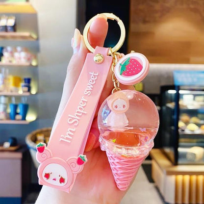Kawaii Pink Strawberry Crystal Ice Cream Keychain