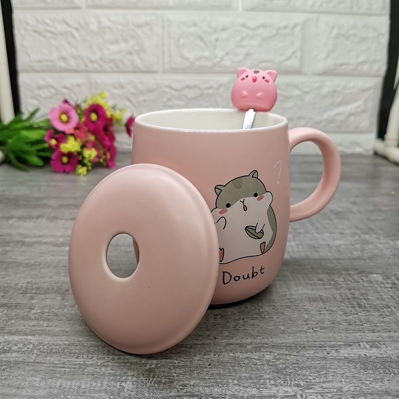 Kawaii Hamster Mug With Lid in Pink