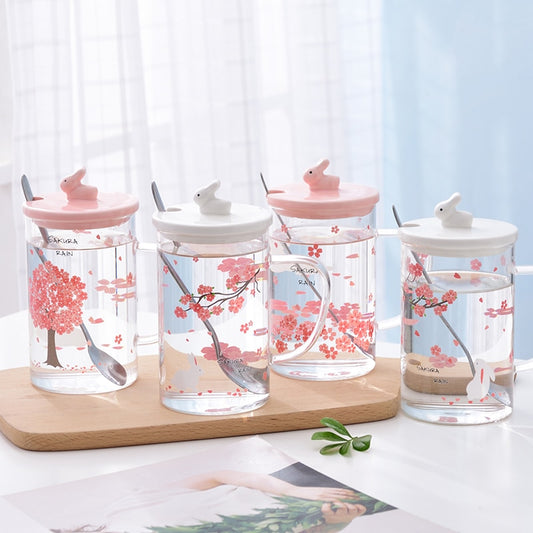 Kawaii Cherry Blossom Cups With Lids and Spoons
