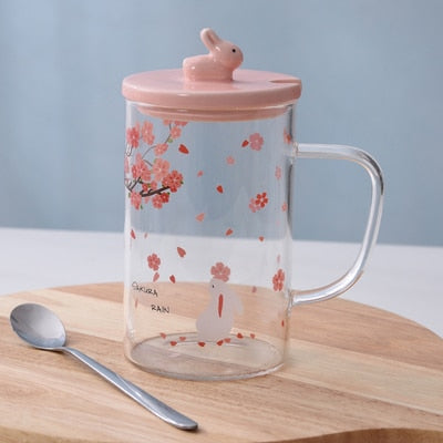 Kawaii Cherry Blossom Cup With a Pink Bunny on the Lid