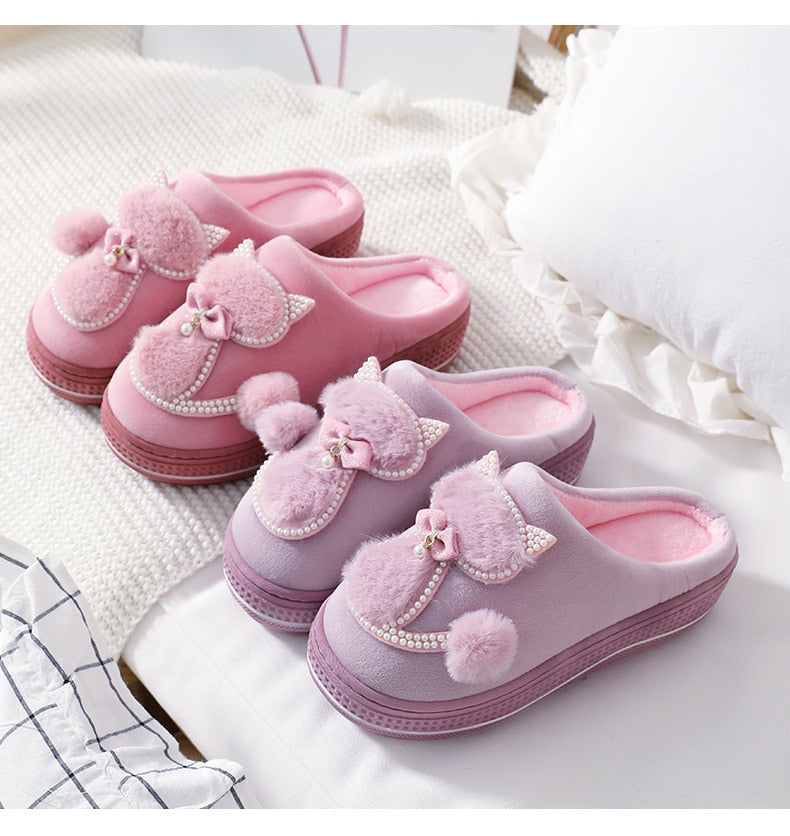 Kawaii Pink and Purple Cat Pearls Slippers