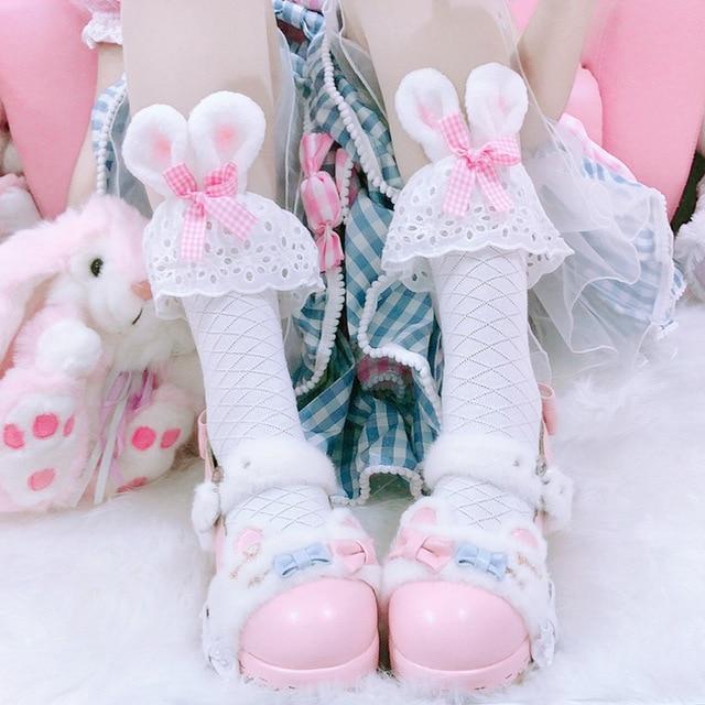 Kawaii Bunny Lace Ruffle Socks and Pink Shoes