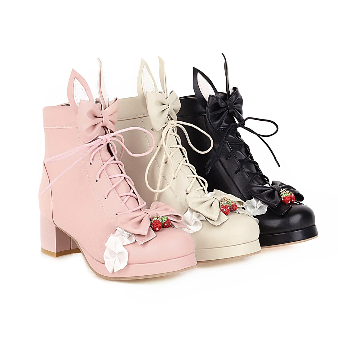 Kawaii Strawberry Bunny Lolita Shoes in Pink, Tan, and Black