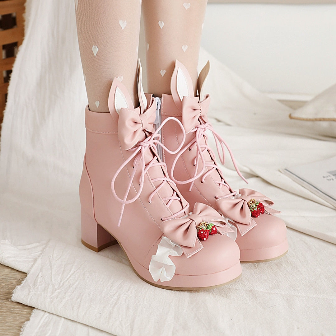 Kawaii Pink Strawberry Bunny Lolita Shoes